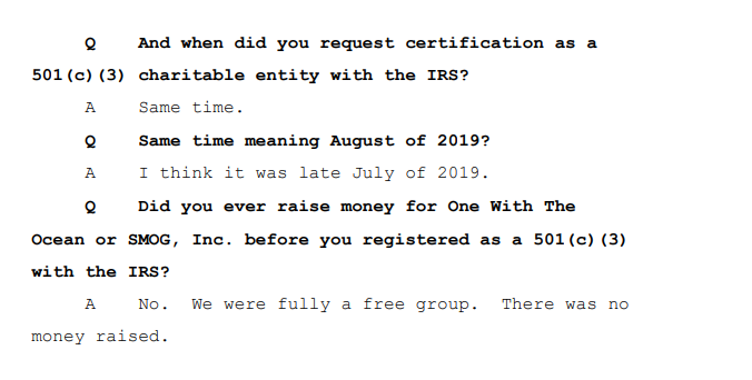 Deposition excerpt on forming OWO as a non-profit